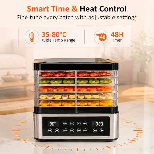 Image of FATHOM Elite Food Dehydrator 350W 5-Tray | 304 Stainless Steel, 35-80C Temperature Range, 48H Digital Timer, Rotating Airflow, Built-in Power Saver 0.3-0.5 Unit /Hr