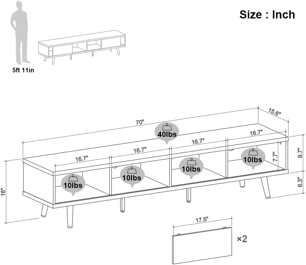 Bestier 70 Inch Large Entertainment TV Stand, Wood Media Storage Console Center for TV, Mid Century Modern Entertainment Center Hollow Core TV Stand Cord Management for Living Room Walnut : Home & Kitchen