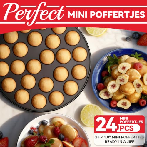 Image of SugarWhisk 24 Slots Mini Pancakes Maker, Poffertjes Maker Pan, Thin Ebelskiver Aebleskiver Pan, Electric Pancakes Maker, Dutch Pancake Machine, Browning Controllable, with Brush & Forks, Graphite