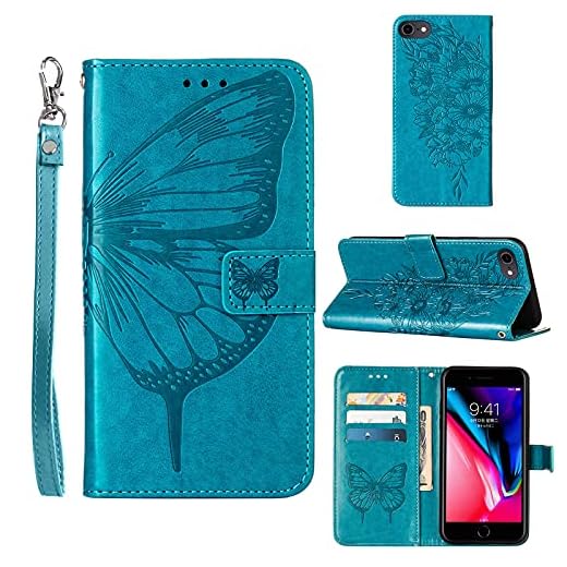 Moment Dextrad for iPhone SE 2022/SE 2020 Case, 6/6S/7/8 Wallet Case | Butterfly Floral Embossed, Wrist Strap, Card Holder Slots, Stand Leather Protective Flip Cover (Blue)
