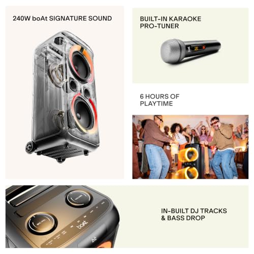 Image of boAt PartyPal 600 Plus w /Karaoke Auto-Tuner, in-Built DJ Tracks & Bass Drop, 240W Output, Dual UHF Wireless Mics, Dynamic RGB LEDs, 6H Battery, Trolley Wheels Bluetooth Party Speaker(Raven Black)