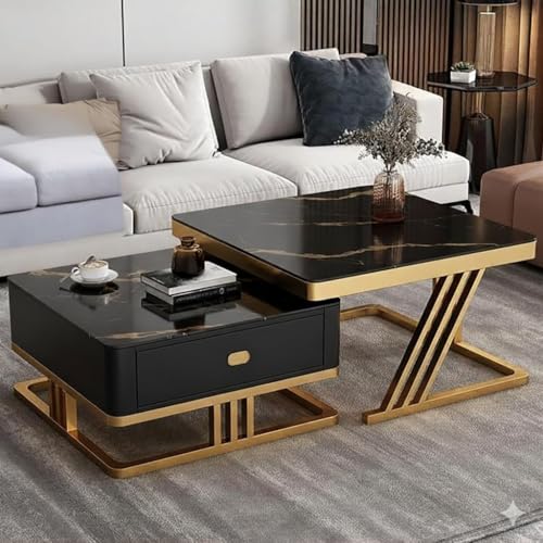 Image of Iron Frame Handmade Drawer Square 20 inchx20 inch Coffee Table Set 2 piece, Nesting Table with Marble Look Center Table Storage Drawer for Living Room /Drawing Room /Balcony (Golden Black)