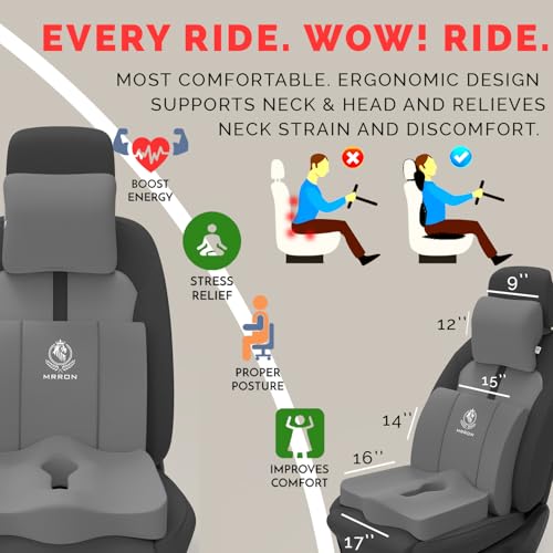 Image of MRRON Memory Foam Car Seat Cushion Combo - Backrest, Coccyx Cushion & Neckrest - Orthopedic Support for Back, Sciatica & Neck Pain - Ergonomic Comfort for Car, Office. (Grey, Backrest)