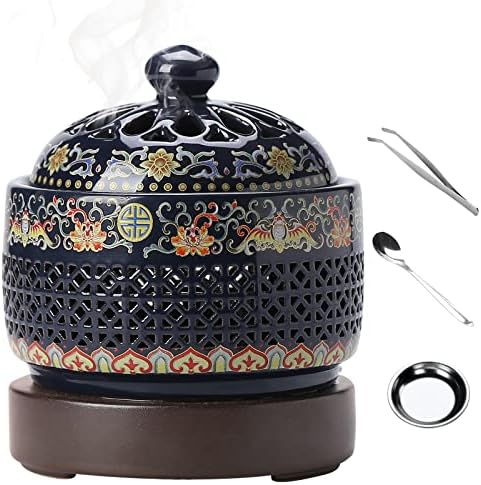 Enamel Ceramic LED Electric Incense Burner Built-in LED Lights Simulate Flames, Classical, Elegant and High-end Hollow Design