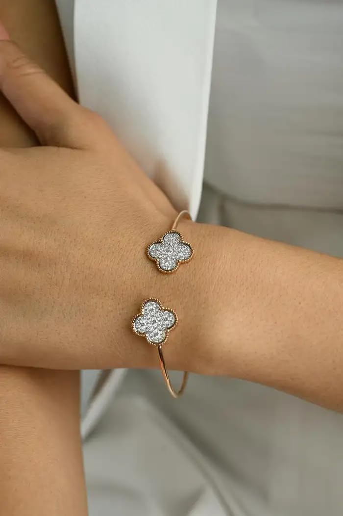VR Jewels Clover Diamond Cuff Bracelet 18k Solid Rose Gold, Christmas Gift For Her- Elegant Dainty Bangle Bracelet For Women- Anniversary Wedding Bridal Shower Gift