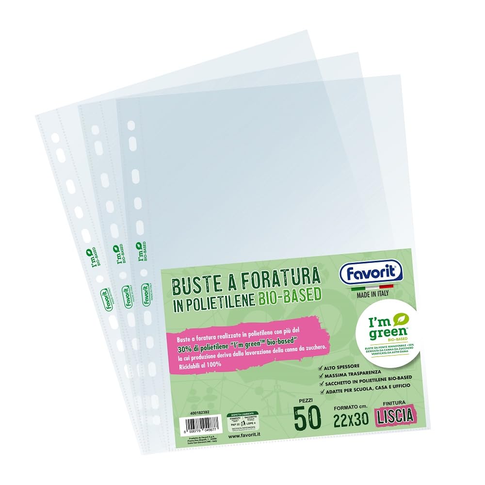 Favorit Perforated Envelopes in Smooth Polyethylene, High Thickness Format 22 x 30 cm, Pack of 50, Transparent with at Least 30% Bio-Based Polyethylene