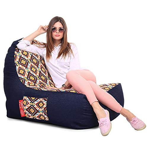 Image of Style Homez Urban Design Denim Canvas Geometric Printed Chair Bean Bag XXL Size Filled with Beans Fillers