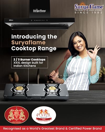 Image of Surya Flame Creta Gas Stove 2 Burners Glass Top | Tri-pin Brass Burner | 2 Burner Gas Stove, Stove 2 Burner, Manual Ignition, Ultra Slim Design with Toughened Glass Top, Removable Drip Tray