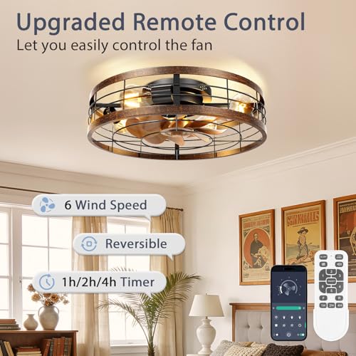Image of VOLISUN Farmhouse Caged Ceiling Fans with Lights Flush Mount, 19.7'' Rustic Low Profile Ceiling Fan with Light and Remote, Bladeless Fandelier Ceiling Fans with Lights for Kitchen, Bedroom-Gold