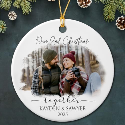 Our 2ND Christmas Together Ceramic Ornament, Personalized Couple Photo Together Ceramic Ornament, Custom Name & Picture Couple Second Christmas Ornament 2025, 2nd Xmas Ornament Gifts for Anniversary