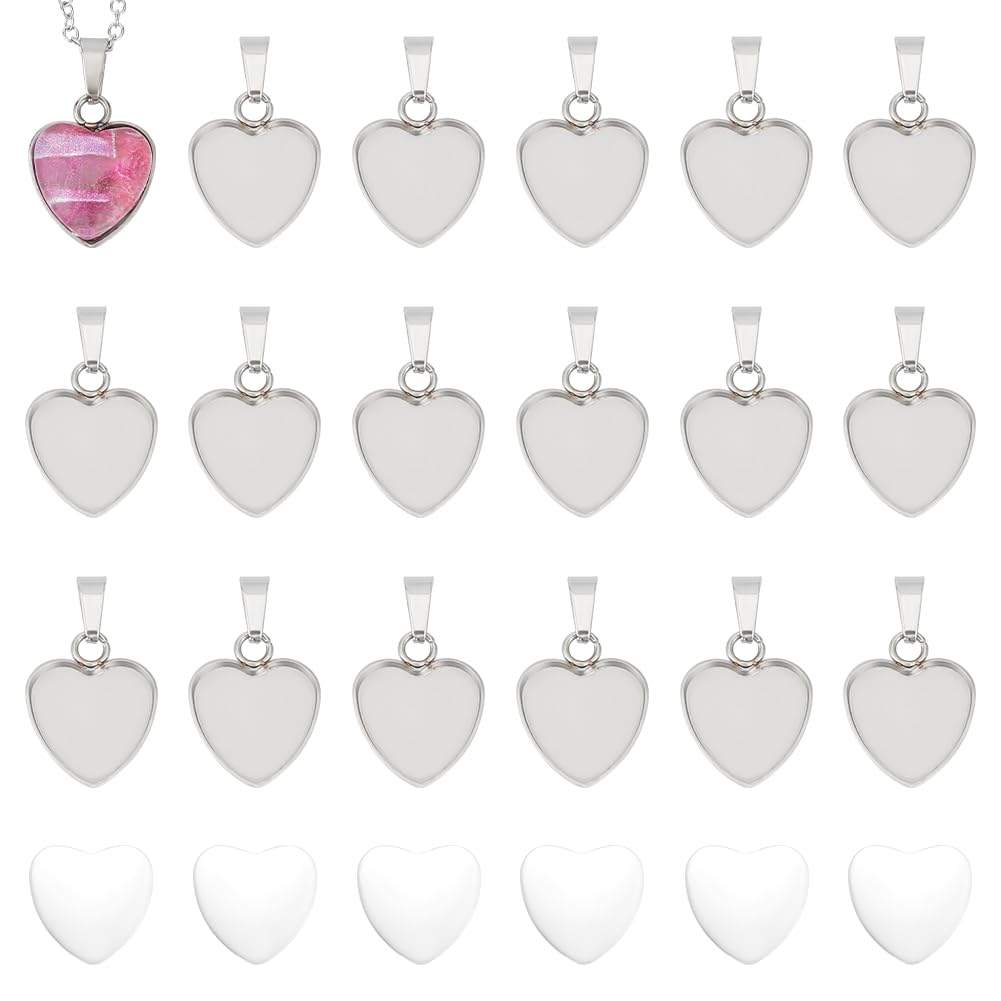 UNICRAFTALE 40 Sets 304 Stainless Steel DIY Blank Heart Pendant Making Kit Blank Dome Bezel Trays Base Charms with Glass Cabochons Pendant Cabochon Settings for Jewelry Making