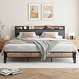 IRONCK Super King Bed Frame with Storage Shelf Upholstered Headboard, Platform Bed Frame with Charging Station, Metal Bed Frame/UnderBed Storage, Enhanced Support Noise Free, Vintage Brown+Grey