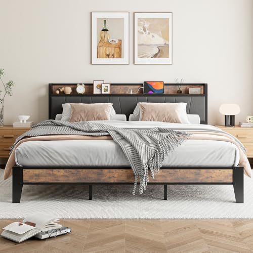 IRONCK Super King Bed Frame with Storage Shelf Upholstered Headbo...