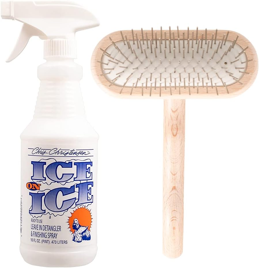 Chris Christensen Dog Brush Bundle: Ice on Ice Detangler - Adds Elasticity & Strength, 16mm Mini T-Brush with Stainless Steel Pins