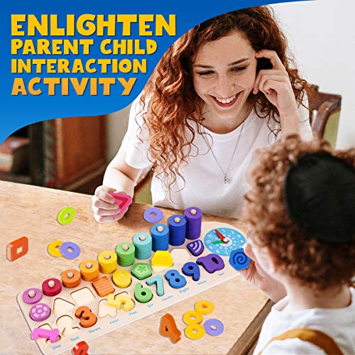 CozyBomB™ Educational Montessori Toys for 1 Year Old Toddlers - Wooden Puzzles Blocks Number Stacking Preschool Learning Activities Shape sorter Math Game Counters Baby Kids Ages 3 4 5 Years Old