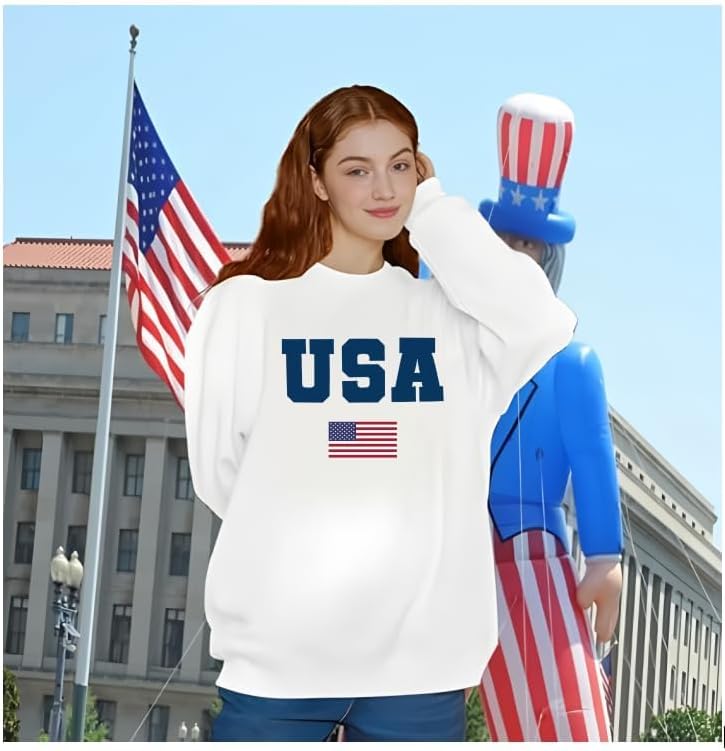 Womens USA Sweatshirt Crewneck American Flag Sweater Long Sleeve Usa Shirt Pullover 4th of July T Shirt Outfits - Image 6