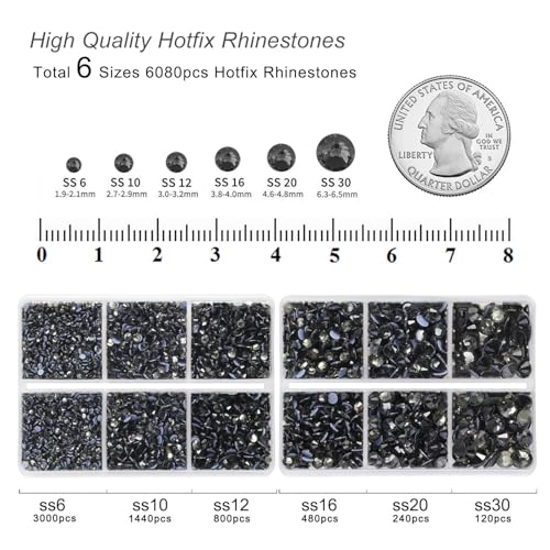 Image of BEADSLAND Hotfix Rhinestones, 6080PCS Gray Rhinestones for Clothes Crafts Mixed 6 Sizes with Wax Pencil and Tweezers Kit, SS6-SS30, Black Diamond