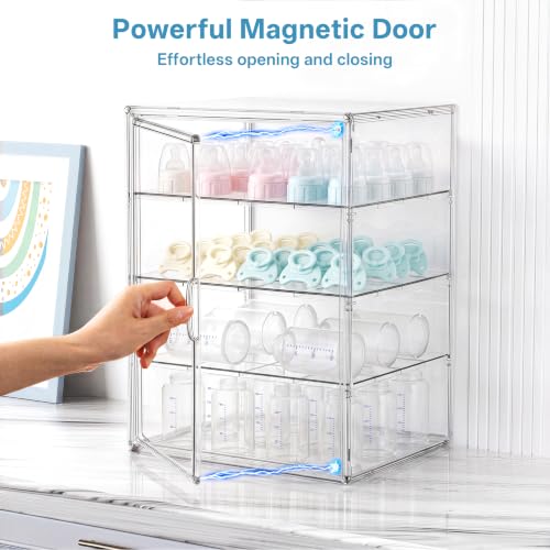 Image of HBlife Baby Bottle Storage Organizer for Countertop Cabinet, 4 Tiers Adjustable Clear Acrylic Bottles Storage Station Case Box Container with 3 Removable Dividers and Magnetic Door, X-Large