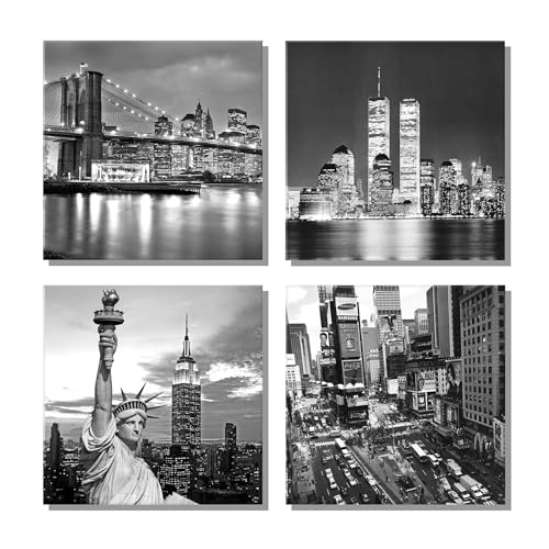 Canvas Art Black and White New York City Brooklyn Bridge Statue of Liberty Contemporary Decorations for Living Room Office Bedroom Home Decor(12"x 12"x 4pcs Framed)