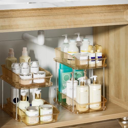 Image of Delamu 2-Tier Under Sink Organizers and Storage, Multi-Purpose Stackable Bathroom Cabinet organizers, Pull Out Kitchen Pantry Organization and Storage with Dividers(2 Pack, Amber)