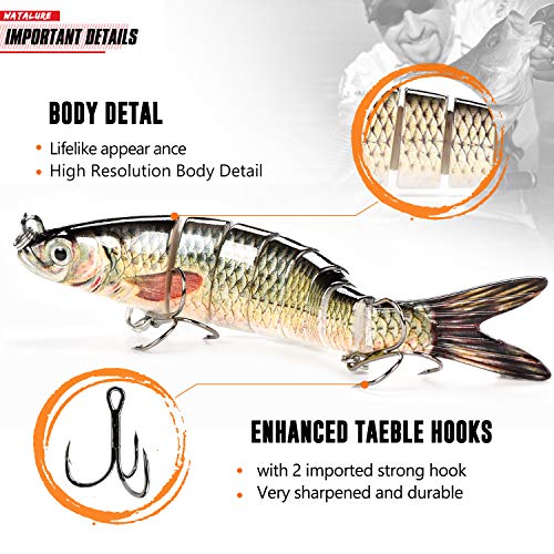 watalure Bass Fishing Lure, Pack of 3, 8 Segment Lifelike Multi Jointed Swimbait Slow Sinking Glidebait for Bass Trout Freshwater Saltwater