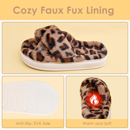 Fuzzy Open Toe House Slippers for Women, Plush Leopard Cross Band Slides, Soft Plush Faux Fur Lining Bedroom Shoes, Non-Slip Winter Indoor Slippers3