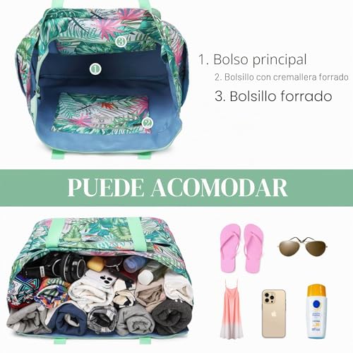 Miniatura 4 de Myhozee Bolsa De Playa Mujer Bolsa Playa Grande Xxl Familiar Con Cremallera,Shopper Bolsa De Hombro Bolsos Totoes Verano, Impermeable, Para Piscina, Picnic, Viajes, Hojas Verdes