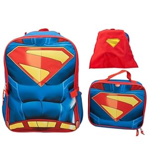 AI ACCESSORY INNOVATIONS Superman 2 Piece Backpack Set, Boys 16″ Superhero School Bag with Detachable Cape, Lunch Box