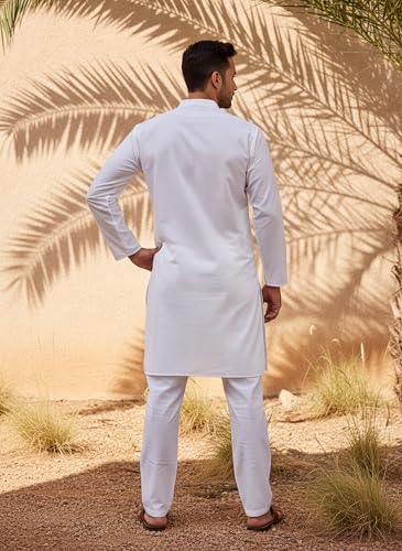 Image of Men's Solid Regular Fit Ethnic Wear White Kurta Pajama Set with Front Pocket