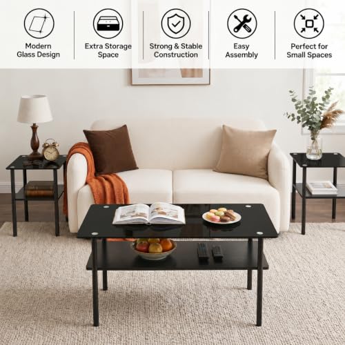 Image of Black Glass Coffee Table Set of 3, Small Coffee Table & 2pcs Square End Table w /Reinforced Frame & Tempered Glass Surface,3 Piece Living Room Table Set for Apartment,Small Space