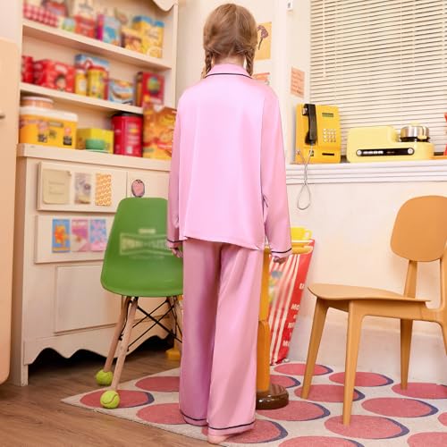 QPANCY Matching Girls&Dolls Pjs Set Long Sleeve Silk Pajamas Button Down 2 Piece Satin Sleepwear3