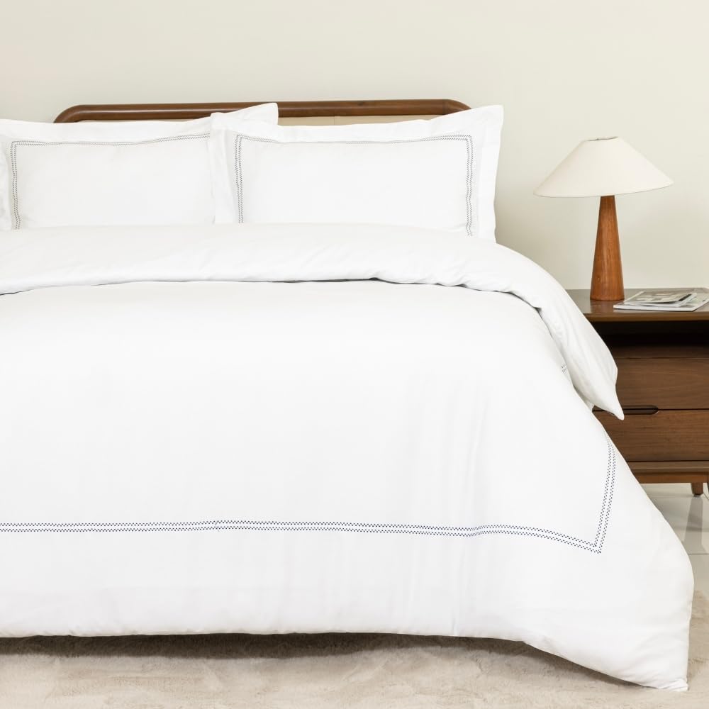 MHG Living Luxury 100% Cotton Duvet Cover Set Super King 260x220cm - Oxford Navy Baratta Stitch Design โ Soft, Breathable & Hypoallergenic Bedding with 2 Pillowcases โ Button Closure, Winter Comfort