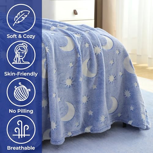 Image of Story@Home Glow Blankets for Kids | Summer Quilt for Kids Sleeping |Kids Blanket 0-15 Years (200x150cm) Soft Fleece Blanket |Cozy & Warm All-Season Radium Blanket for Boys & Girls-Moon & Stars