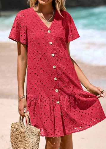 Image of KIRUNDO Eyelet Dresses for Women Button Down Mini Babydoll | 2026 Summer Short Sleeve Boho Sundress, Loose Fit V Neck Short Dress With Pockets, A Line, Cruise Beach Vacation Outfits