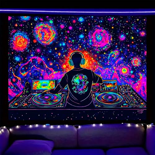 Image of Nuxovilar Galaxy DJ UV Reactive Tapestry, 78.74 inchx59.05 inch Polyester | Galaxy decor, DJ art, trippy tapestry, black light backdrop for bedroom, game room, party (Galaxy DJ print)