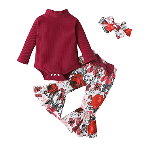 Image of VOLUOVO Newborn Infant Baby Girl Clothes Ruffle Sleeve Romper Top Flared Pants Headband Outfit Set