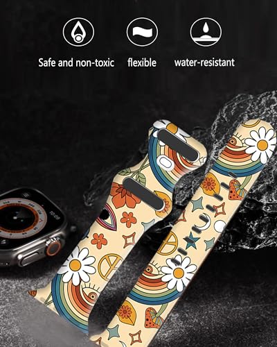 Silicone Pattern Watch Band Compatible with Apple Watch Band 38mm 40mm 41mm 42mm 44mm 45mm 49mm for Women Men,Luxury Sport Watch bands for iWatch Series 9 8 7 6 5 4 3 2 1 SE(mushroom rainbow floral)