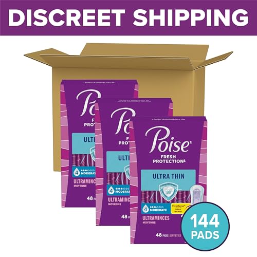 Image of Poise Ultra Thin Incontinence Pads & Postpartum Pads for Bladder Leaks, 4 Drop Moderate Absorbency, Regular Length, Packaging May Vary,144 Count (Pack of 2)