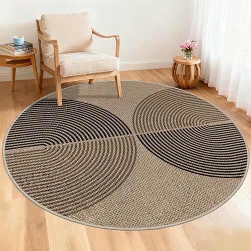 Capslpad Tapis rond 160 cm, Tapis rond aspect jute salon, Lavable antidérapant naturel Tapis d'extérieur pour salon, chambre, balcon, bureau zone, Noir Marron