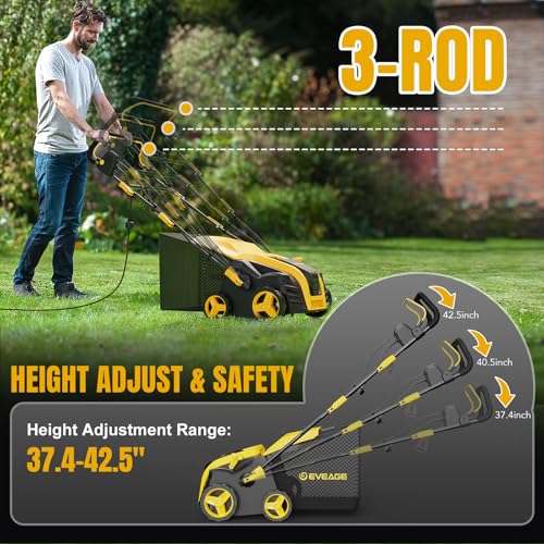 EVEAGE 16-Inch 15-Amp 2-in-1 Electric Dethatcher & Scarifier, Lawn Dethatcher with 5-Position Depth Adjustment, 14.5-Gallon Removable Collection Bag, Quick-Fold Lawn Scarifier for Healthy Lawn