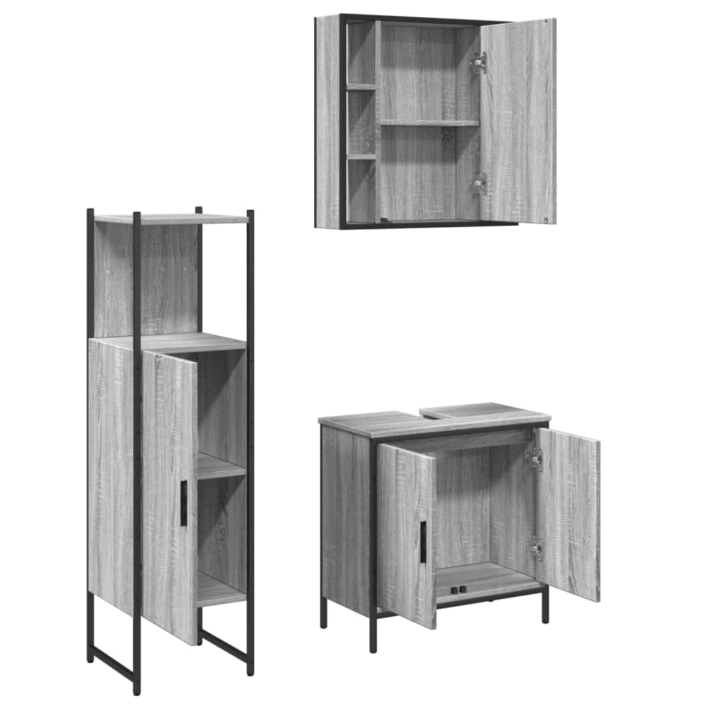 SYDE Set Mueble Baño 3 Piezas Gris Sonoma | Armario con Espejo, Estante Inferior, Acero Resistente, Patas Ajustables
