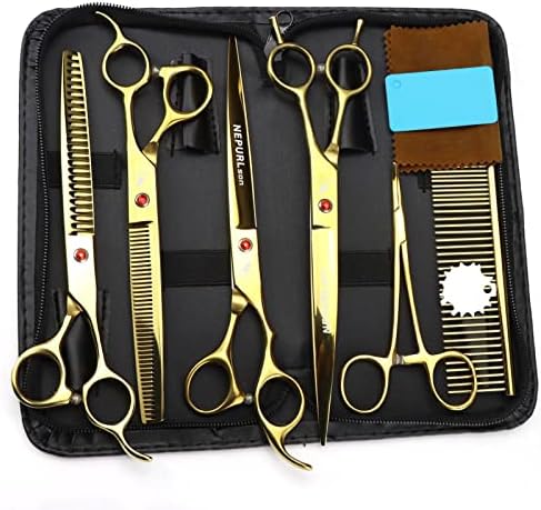 Dog Grooming Scissors 440C Japanese Steel Straight & Curved Scissors & Thin & Thick Scissors Set For Dogs And Cats And More Pets(Size:1,Color:a)