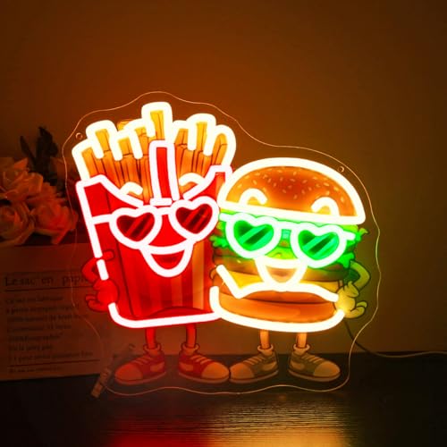 Image of Neon Sign, HSJNJKFU Hamburger and Fries LED Sign, UV Printed Neon Light Signs for Wall Decor, Kitchen, Cafe, Restaurant, Man Cave, Foodie Room Decor - USB Powered