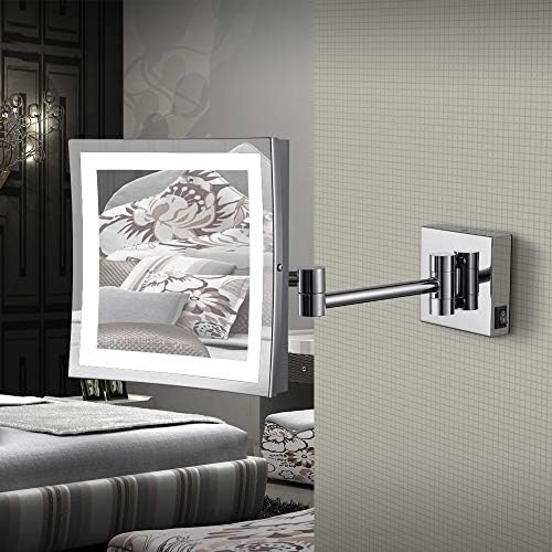 AECHOO Wall Mounted Mirrors Makeup Shaving Mirror LED Lighted Luxury Bathroom Mirror for Hotel Vanity with Adjustable Extendable Square 8.5inch 5x Magnification Surface Chrome Finish