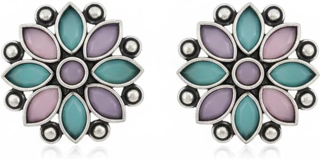 Oxidized Silver Brass Cosmos Flower Stud Earrings,Push Back Closure, 2.5 cm Length, Western Style