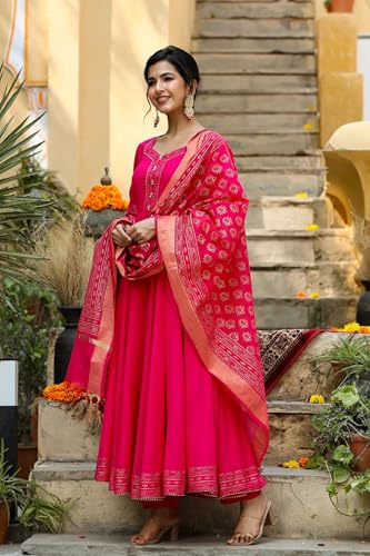 Image of GoSriKi Women's Rayon Blend Anarkali Solid Kurta with Pant & Dupatta