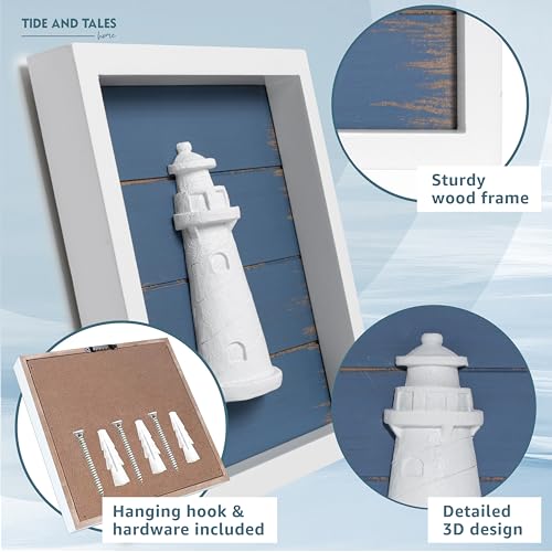 TideAndTales 3D Nautical Wall Decor (Famed Set of 3) Anchor, Lighthouse and Ship Wheel - Rustic Beach Bathroom Coastal Theme Home Decorations - Nautical Gifts (7"x7"), Classic Blue - Image 3