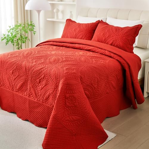 Cmfshape King Bedspread 106"x96",3 Piece King Quilt with 2 Shams,Lightweight Red Quilt Set for All Season,Modern Coin Pattern Bedding Set(1 Quilt,2 Pillowshams)