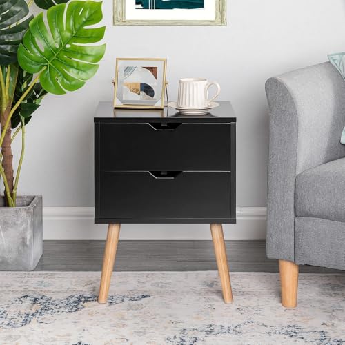 Image of VASIL MART Bedside Tables, Wooden Nightstands with Solid Wood Legs & 2 Drawers, End Tables Storage Units for Living Room /Bedroom,etc .(Black)