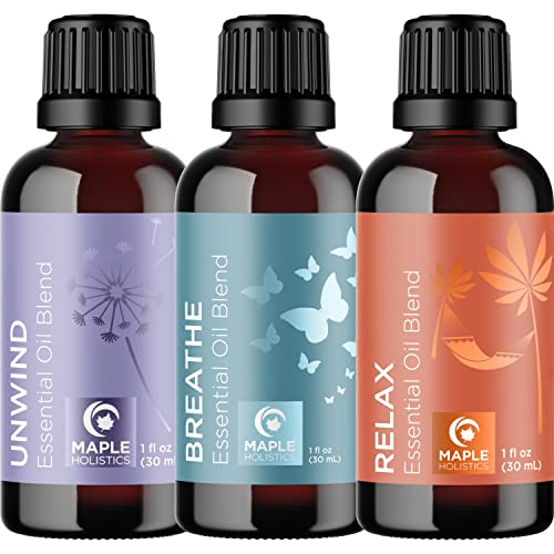 Maple Holistics Essential Oil Set - Breathe Unwind And Relax Calming Essential Oil Blends For Diffuser Aromatherapy And Baths - Relaxing Essential Oils For Diffusers For Home #TOP6